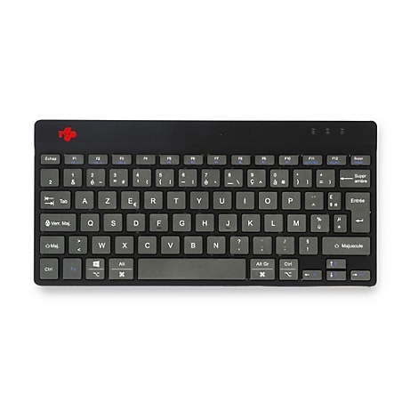 Schwarze, flache AZERTY-Tastatur von R-Go Tools mit weißen Tastenbeschriftungen vor weißem Hintergrund.