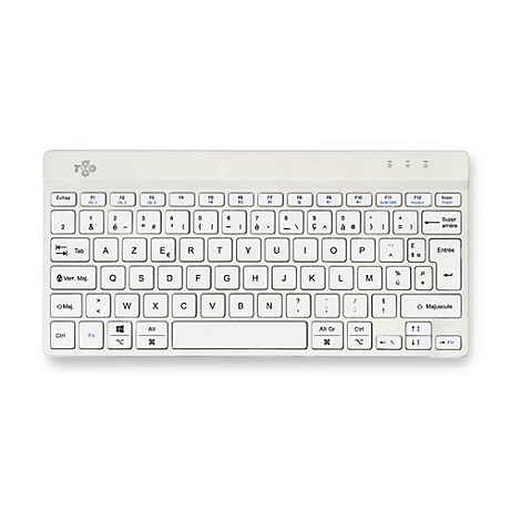 Weiße, kompakte R-Go Tools Tastatur mit französischem AZERTY-Layout vor weißem Hintergrund.