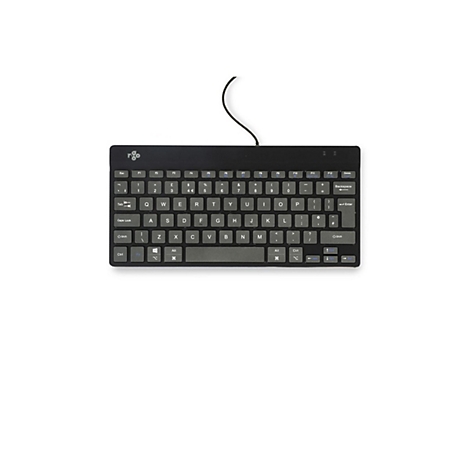 Schwarze, kompakte R-Go Tools Tastatur vor weißem Hintergrund.