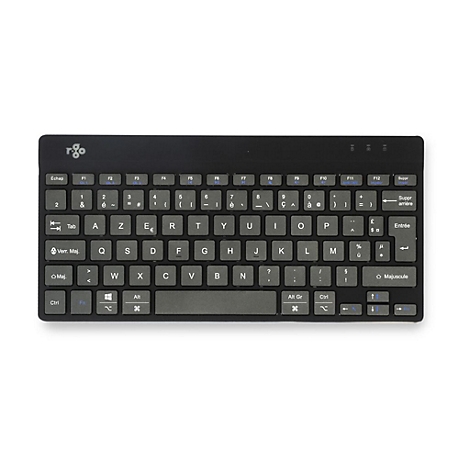 Schwarze kompakte Tastatur mit AZERTY-Layout und R-Go-Logo oben links auf weißem Hintergrund.