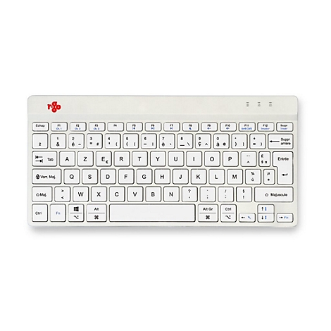 Weiße, kompakte R-Go Tools Tastatur mit französischem AZERTY-Layout auf hellem Hintergrund.