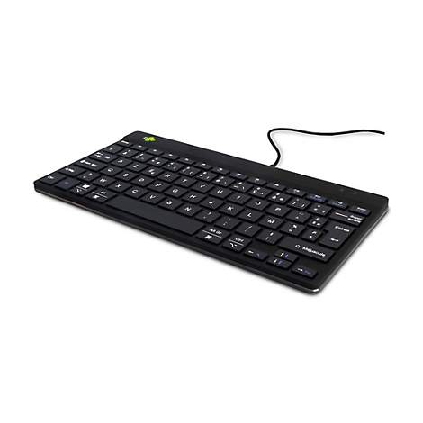 Schwarze, flache Computer-Tastatur mit Kabel und französischem AZERTY-Layout auf weißem Hintergrund.
