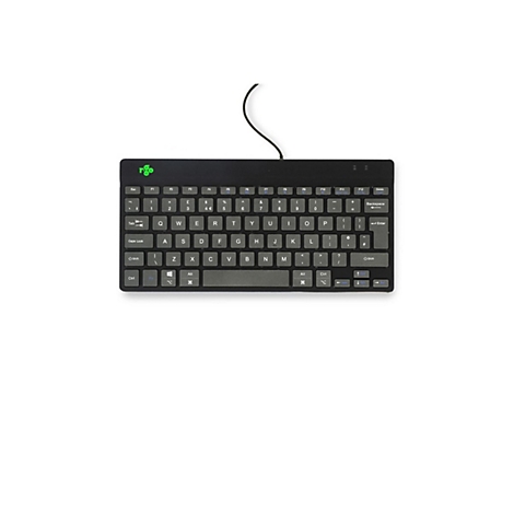 Schwarze kompakte R-Go Tastatur mit Kabel vor weißem Hintergrund.