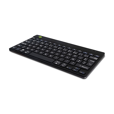 Schwarze, flache Tastatur mit französischem AZERTY-Layout auf weißem Hintergrund.