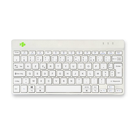 Kompakte weiße kabellose Tastatur mit französischem AZERTY-Layout und grünem Logo oben links auf weißem Hintergrund.