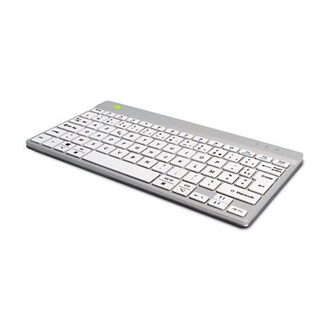 Flache, graue und weiße Tastatur mit französischem AZERTY-Layout auf weißem Hintergrund.