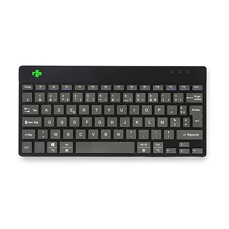 Schwarze R-Go Tools Kompakttastatur im AZERTY-Layout vor weißem Hintergrund.