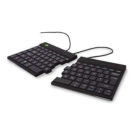 Zweiteilige, schwarze ergonomische Tastatur, durch ein Kabel verbunden. Die Tasten sind beschriftet, mit Buchstaben, Zahlen und Sonderzeichen.