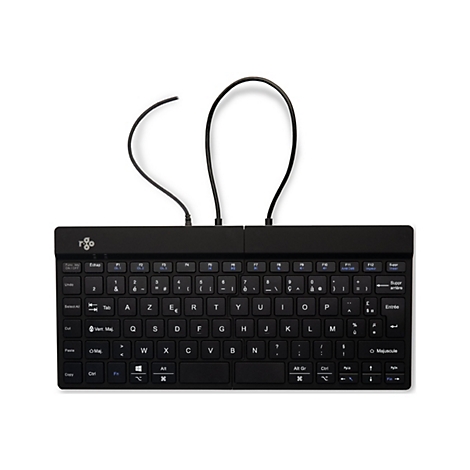 Schwarze Tastatur mit weißen Buchstaben und Kabel. Oben links das Logo des Herstellers.