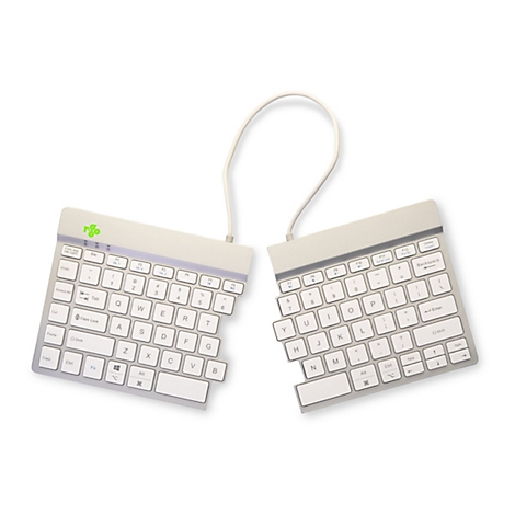 Geteiltes, ergonomisches Keyboard auf weißem Grund. Die Tastatur hat ein hellgraues Gehäuse, weiße Tasten und ein hellgraues Kabel. Auf den Tasten sind Buchstaben, Zahlen und Sonderzeichen aufgedruckt. Oben links das Logo "rgo" in Grün.