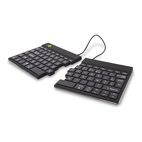 Geteilte schwarze Tastatur, verbunden mit Kabel. Tastenbeschriftung: Buchstaben, Zahlen und Sonderzeichen.