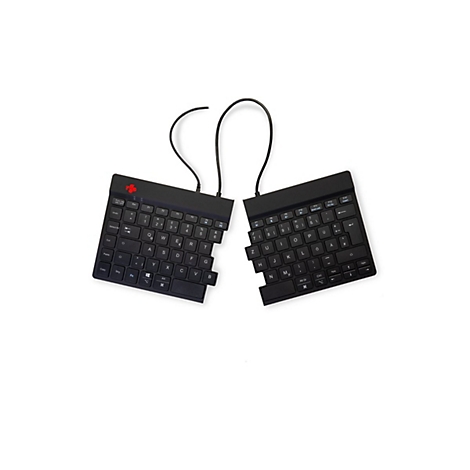 Geteilte, schwarze ergonomische Tastatur auf weißem Hintergrund mit rotem Logo.