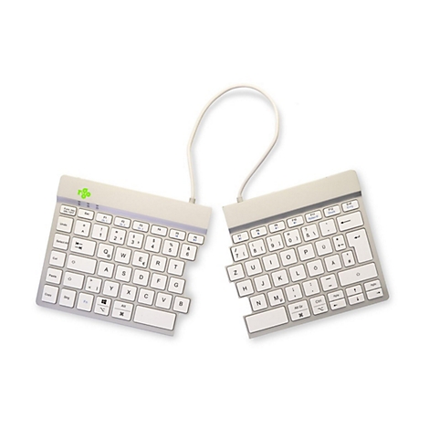 Geteilte, ergonomische Tastatur in Weiß mit hellgrauen Tasten und Kabelverbindung.