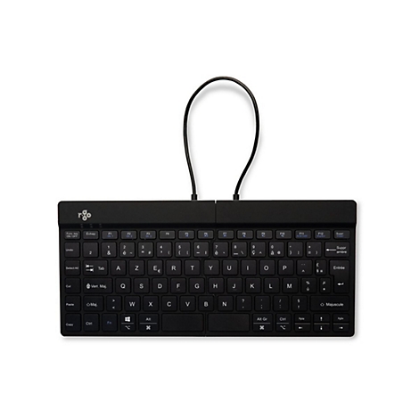 Schwarze, kompakte AZERTY-Tastatur mit Kabelanschluss von oben und R-Go Logo links.