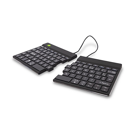 Geteilte, schwarze ergonomische Tastatur mit AZERTY-Layout auf weißem Hintergrund.