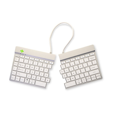 Geteilte, ergonomische R-Go Tastatur in Weiß mit hellgrauen Tasten vor weißem Hintergrund.
