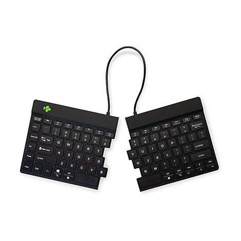 Geteilte, schwarze ergonomische Tastatur mit grünem Logo auf weißem Hintergrund.
