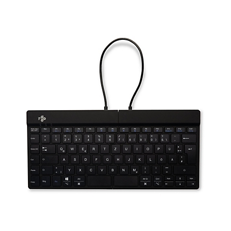 Schwarze, faltbare Tastatur mit schwarzem Kabel. Buchstaben, Sonderzeichen und Funktionstasten sind deutlich erkennbar.
