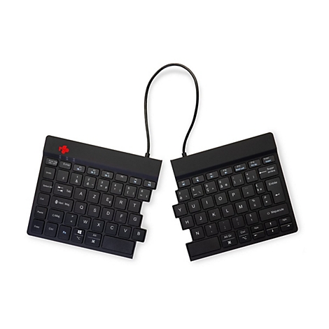 Geteilte, schwarze ergonomische Tastatur mit AZERTY-Layout auf weißem Hintergrund.