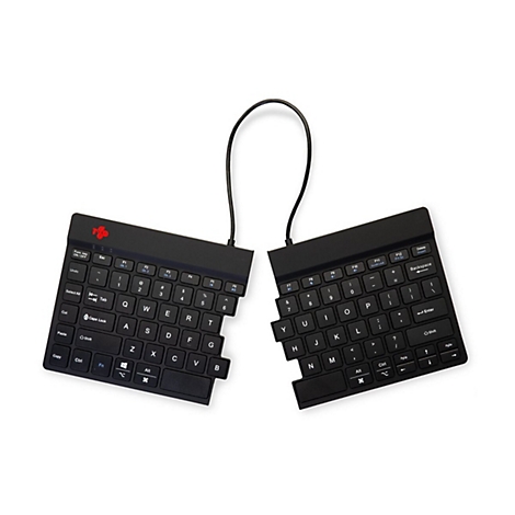 Geteilte schwarze ergonomische Tastatur mit zwei Einheiten, verbunden durch ein Kabel, vor weißem Hintergrund.