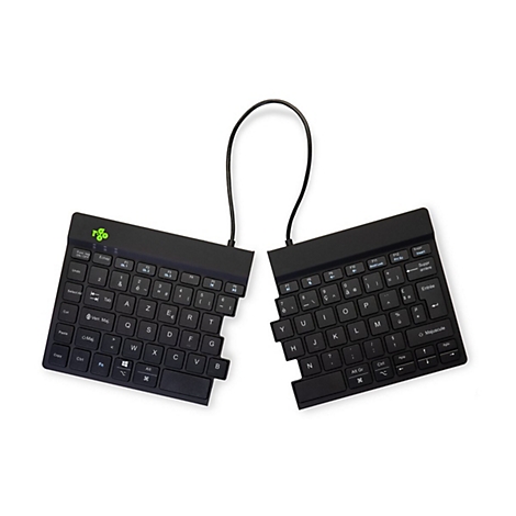 Geteilte schwarze ergonomische R-Go Tastatur mit französischem AZERTY-Layout auf weißem Hintergrund.