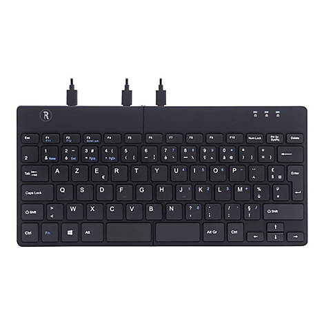 Schwarze, faltbare Tastatur mit Tastenbeschriftung, USB-Anschlüssen.