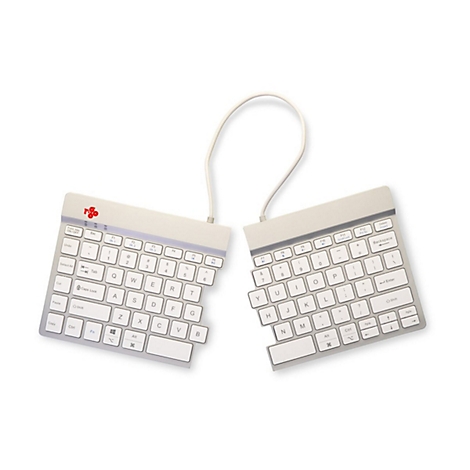 Geteilte, weiße, ergonomische R-Go Tastatur vor weißem Hintergrund.