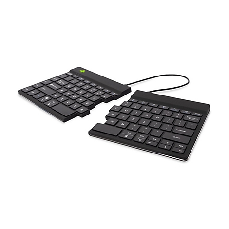 Geteilte schwarze ergonomische Tastatur vor weißem Hintergrund.