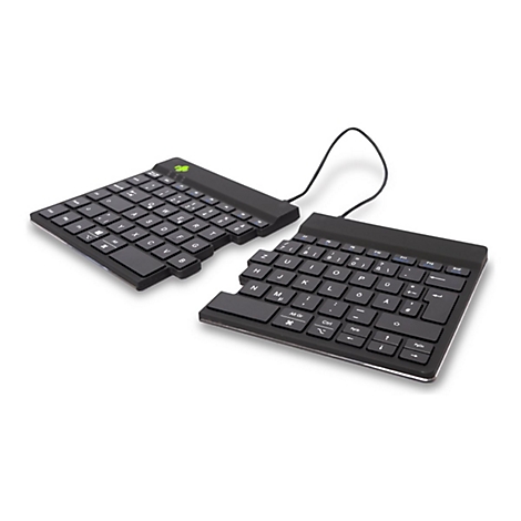 Ein geteiltes, schwarzes Keyboard auf weißem Hintergrund. Beide Hälften sind durch ein Kabel verbunden.