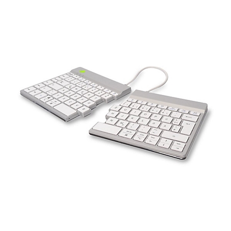 Geteilte, ergonomische Computertastatur in Silber und Weiß auf weißem Hintergrund.