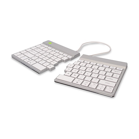 Geteilte, ergonomische Tastatur in Weiß und Silber auf weißem Hintergrund.