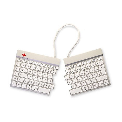 Geteilte, weiße ergonomische Tastatur der Marke R-Go Tools auf weißem Hintergrund.