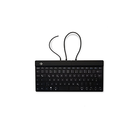 Schwarze, geteilte Ergonomie-Tastatur mit Kabelanschluss vor weißem Hintergrund.