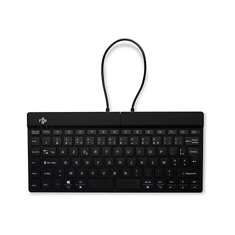 Schwarze, faltbare Bluetooth-Tastatur mit Kabel. Die Tasten sind mit Buchstaben und Sonderzeichen beschriftet.