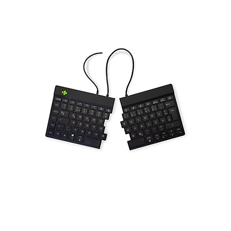 Geteilte schwarze ergonomische Tastatur mit zwei Modulen und grünen R-Go Logo auf weißem Hintergrund.