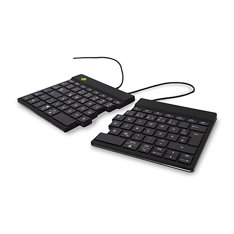 Geteilte, schwarze ergonomische Tastatur vor weißem Hintergrund.