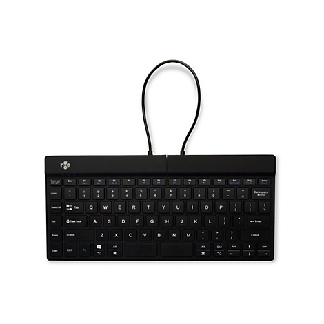 Schwarze, kompakte R-Go Tools Tastatur mit Kabel vor weißem Hintergrund.