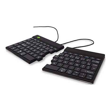Zweiteilige, schwarze ergonomische Tastatur auf weißem Hintergrund. Jede Hälfte ist durch ein Kabel verbunden.