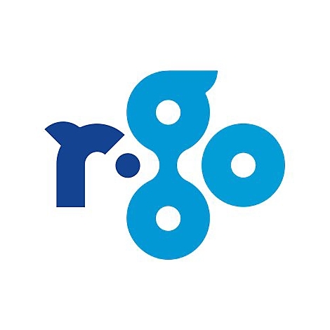 Logo bleu et blanc avec les lettres r et g, reliées par des cercles et des lignes.
