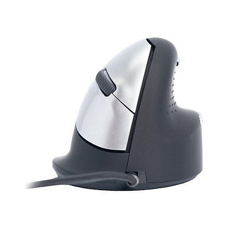 Souris ergonomique, argent et noir, avec un câble. Sur fond blanc.