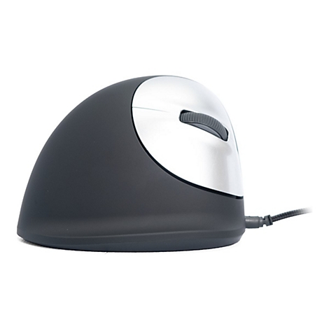 Souris ergonomique, noire et argentée, avec molette de défilement. Connexion du câble en bas à droite.