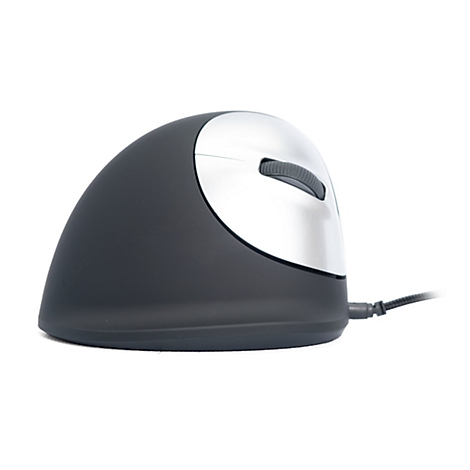 Souris ergonomique noire et argentée sur fond blanc. Molette de défilement. Connexion par câble.