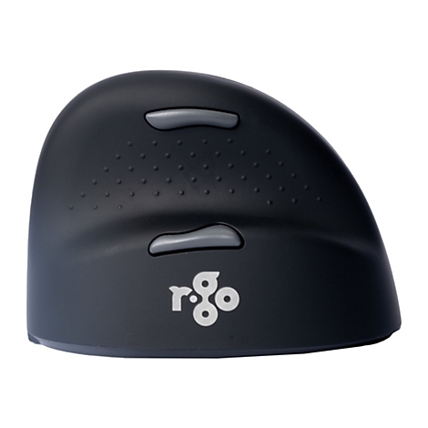Souris ergonomique noire. Deux boutons gris sur le dessus, logo "r-go" en dessous.