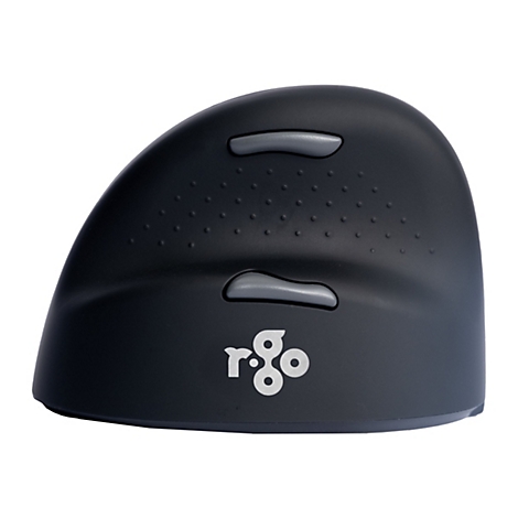 Souris ergonomique noire, avec deux boutons gris sur le côté, surface avec des bosses, logo en dessous. Fond blanc.