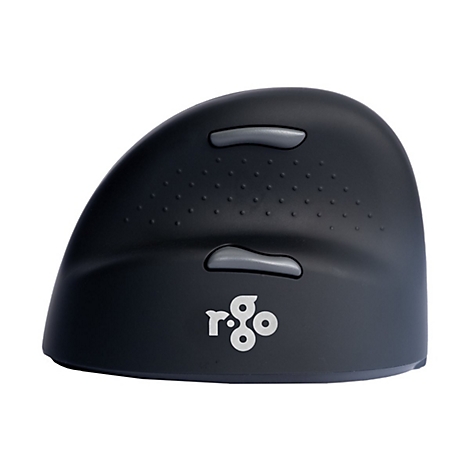 Souris verticale noire avec deux boutons gris, portant le logo "r.go".