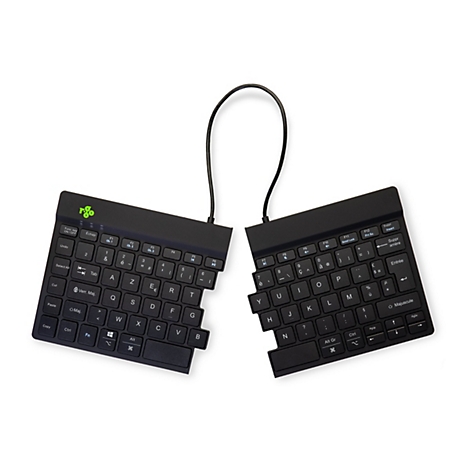 Clavier ergonomique divisé noir sur fond blanc. Le clavier a un câble pour connecter les deux moitiés.