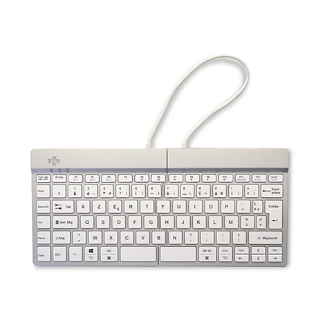 Clavier divisé gris clair avec câble blanc, marquages de touches noirs, disposition avec lettres, chiffres et caractères spéciaux.