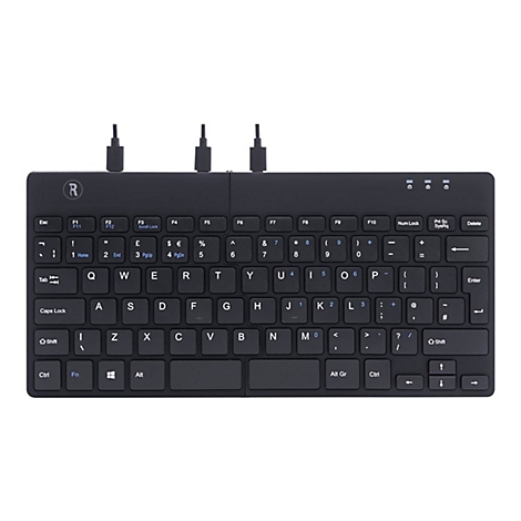 Schwarze, faltbare Tastatur mit USB-Anschlüssen. Tasten mit Beschriftungen.
