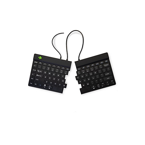 Geteilte, ergonomische schwarze Tastatur mit R-Go Tools Logo auf weißem Hintergrund.