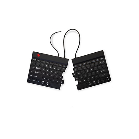 Geteilte schwarze Tastatur mit rotem Logo auf weißem Hintergrund.